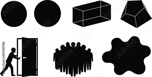 Geometric silhouette icons, circle vector shapes, cuboid design pack, polyhedron art symbols, crowd illustration set, abstract blob form