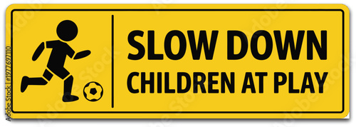 Children at play road sign illustration, slow down traffic warning symbol for safety awareness, residential streets, and child protection signage.