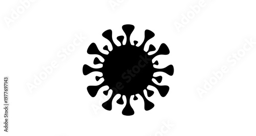 A stark black and white illustration of a coronavirus