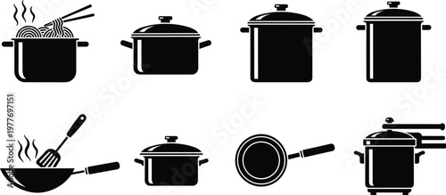 Cooking pot icons, saucepan silhouette vector, stockpot illustration, wok design art, frying pan symbols, pressure cooker pack, kitchen cookware