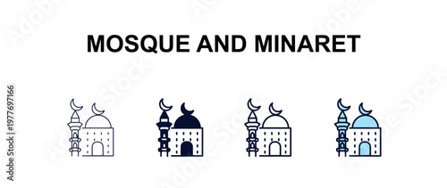 mosque and minaret multi-style outline icon set - religion concept. Thin line, regular, filled, colored mosque and minaret icon