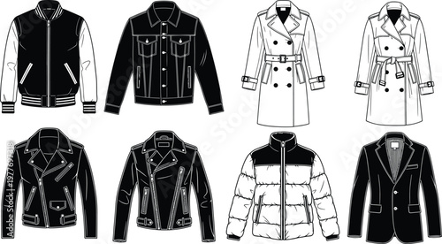 Jacket silhouette icons, trench coat vector, denim jacket illustration, leather biker design, puffer coat art, blazer fashion symbols, outerwear pack