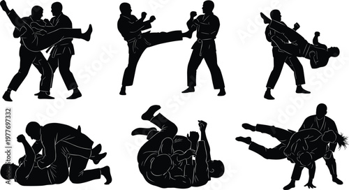 Martial arts silhouettes, judo icons, jiu‑jitsu vector, karate combat pack, grappling design art, striking illustration set, fighting technique symbols
