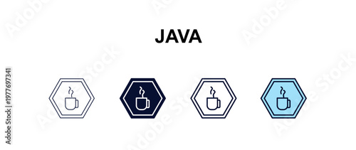 java multi-style outline icon set - programming concept. Thin line, regular, filled, colored java icon