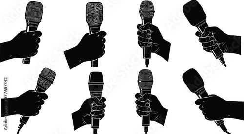 Microphone silhouette icons, hand holding mic vector, interview design pack, performance art symbols, recording illustration set, audio equipment