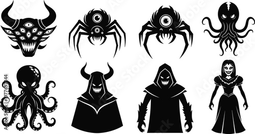 Monster silhouette icons, horror creature vector, supernatural design pack, fantasy villain illustration, eerie symbols art, dark character set