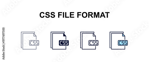 css file format multi-style outline icon set - programming concept. Thin line, regular, filled, colored css file format icon
