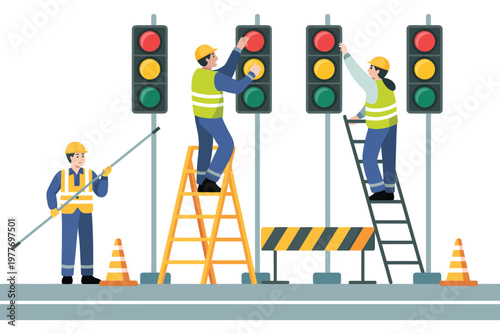 Street light repair workers illustration, traffic signal maintenance at urban intersection with safety equipment for municipal service and road safety design.