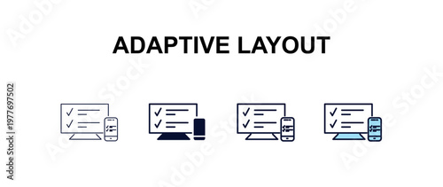 adaptive layout multi-style outline icon set - programming concept. Thin line, regular, filled, colored adaptive layout icon