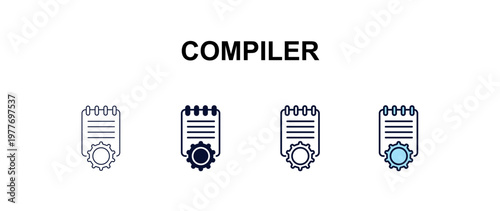 compiler multi-style outline icon set - programming concept. Thin line, regular, filled, colored compiler icon