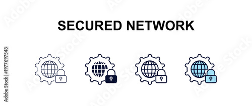 secured network multi-style outline icon set - programming concept. Thin line, regular, filled, colored secured network icon