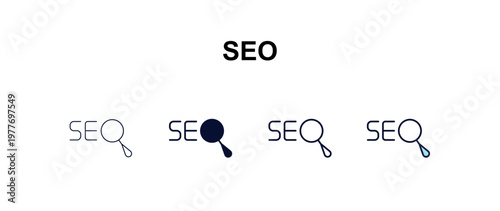 seo multi-style outline icon set - programming concept. Thin line, regular, filled, colored seo icon