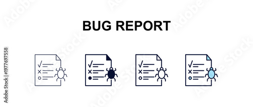 bug report multi-style outline icon set - programming concept. Thin line, regular, filled, colored bug report icon