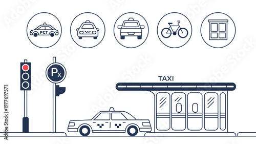 City traffic parking icons illustration set, line art symbols for urban infrastructure, vehicles, signage, and transportation design.