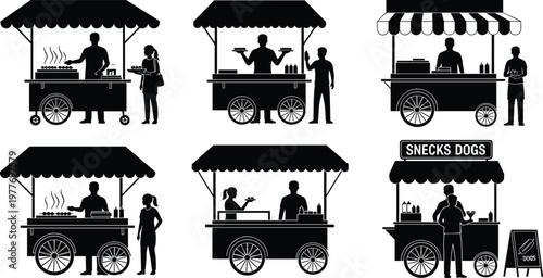 Street food cart silhouettes, vendor icons, hot dog stand vector, snack kiosk pack, urban market design art, customer interaction symbols