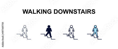Принти на полотні walking downstairs multi-style outline icon set - people concept