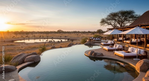 African lodge nestled in scenic nature, offering a tranquil travel experience and safari retreat.