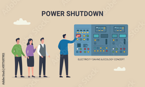 Switch, analytics shutdown electricity, saving energy and ecology concept, businessman pushing switch to be off in control panel dashboard
