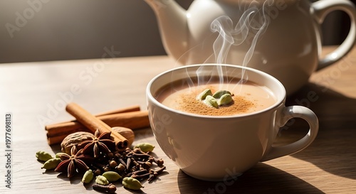 A cup of hot spiced tea with steam rising