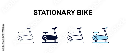 stationary bike multi-style outline icon set - health and medical concept. Thin line, regular, filled, colored stationary bike icon