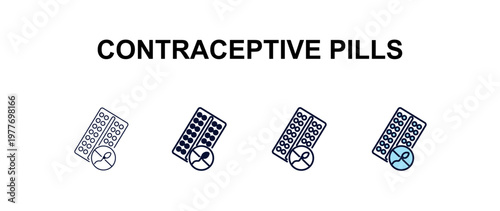 contraceptive pills multi-style outline icon set - health and medical concept. Thin line, regular, filled, colored contraceptive pills icon