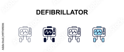 defibrillator multi-style outline icon set - health and medical concept. Thin line, regular, filled, colored defibrillator icon