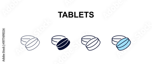 tablets multi-style outline icon set - medical concept. Thin line, regular, filled, colored tablets icon