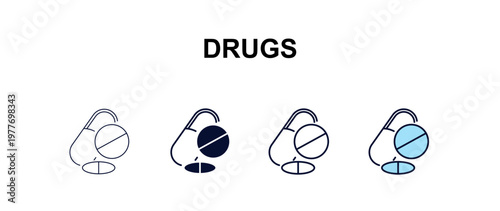 drugs multi-style outline icon set - medical concept. Thin line, regular, filled, colored drugs icon
