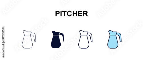 pitcher multi-style outline icon set - kitchen concept. Thin line, regular, filled, colored pitcher icon