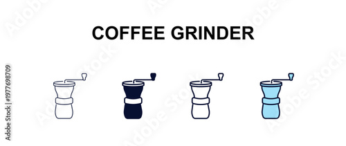 coffee grinder multi-style outline icon set - kitchen concept. Thin line, regular, filled, colored coffee grinder icon