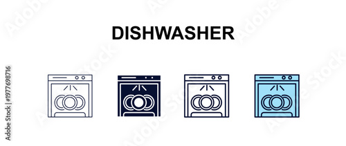 dishwasher multi-style outline icon set - kitchen concept. Thin line, regular, filled, colored dishwasher icon