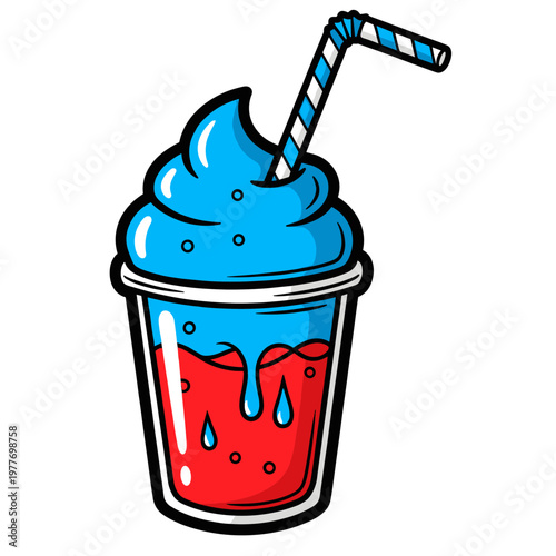 Blue cold drink with straw in plastic cup.