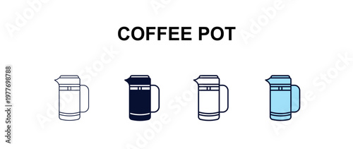 coffee pot multi-style outline icon set - kitchen concept. Thin line, regular, filled, colored coffee pot icon