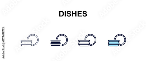 dishes multi-style outline icon set - kitchen concept. Thin line, regular, filled, colored dishes icon