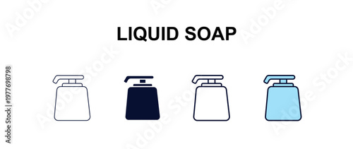 liquid soap multi-style outline icon set - kitchen concept. Thin line, regular, filled, colored liquid soap icon