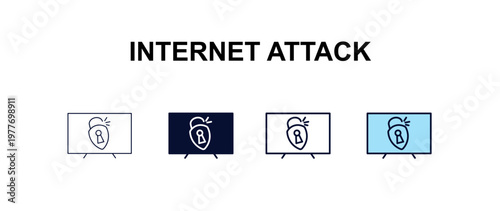 internet attack multi-style outline icon set - internet security concept. Thin line, regular, filled, colored internet attack icon