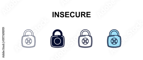 insecure multi-style outline icon set - internet security concept. Thin line, regular, filled, colored insecure icon