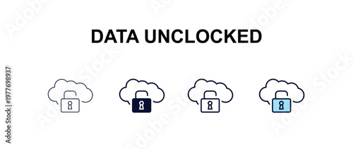 data unclocked multi-style outline icon set - internet security concept. Thin line, regular, filled, colored data unclocked icon