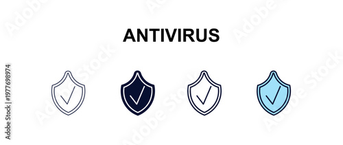 antivirus multi-style outline icon set - internet security concept. Thin line, regular, filled, colored antivirus icon