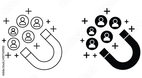 Magnet, attracting people icon vector featuring customer attraction and audience retention concept, marketing funnel and engagement symbol, modern line and fill style