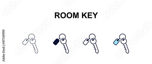 room key multi-style outline icon set - hotel concept. Thin line, regular, filled, colored room key icon
