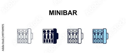 minibar multi-style outline icon set - hotel concept. Thin line, regular, filled, colored minibar icon