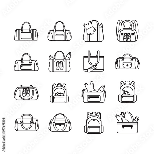 Collection of diverse duffel bags and backpacks in a clean line art style for sports and travel