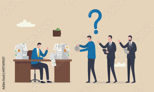 Living paycheck, teams together fall problem, get monthly income to pay for debt and loan or monthly expense concept, exhausted businessman salary man get dollar coin and pay it for creditor debt