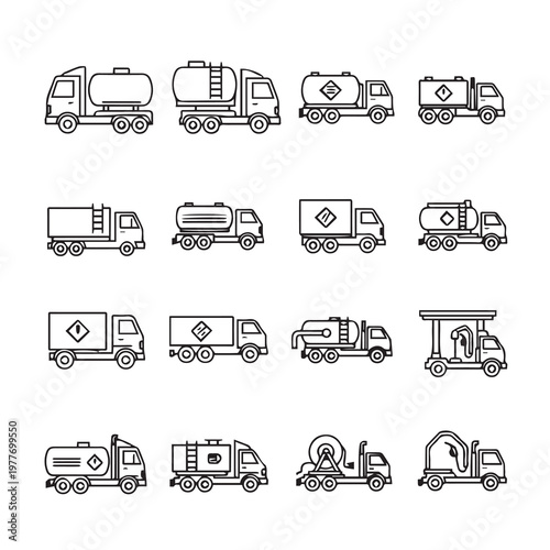 Collection of diverse tanker truck icons presented in a clean modern line art style