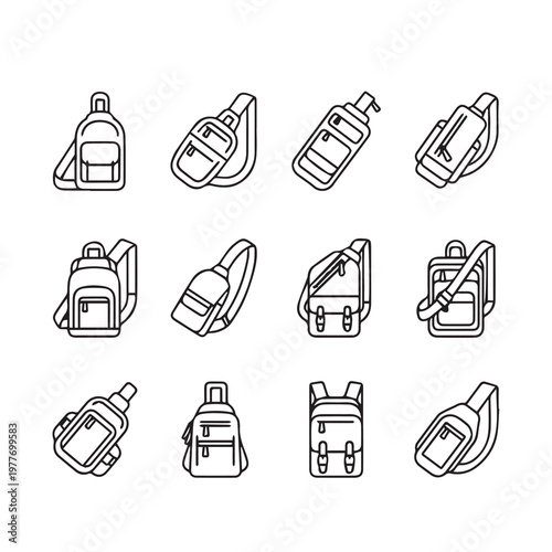 Collection of diverse sling bags and backpacks in a clean outline style for modern travel and daily use