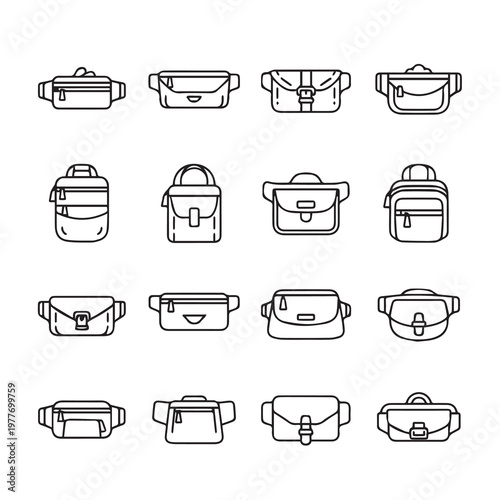 Collection of diverse waist bags and crossbody purses in a clean outline style