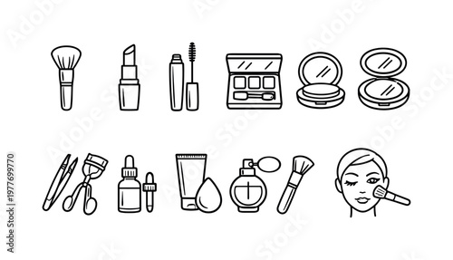 Collection of cosmetic and beauty product line art icons