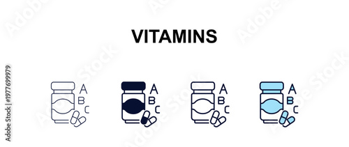 vitamins  multi-style outline icon set - food concept. Thin line, regular, filled, colored vitamins  icon