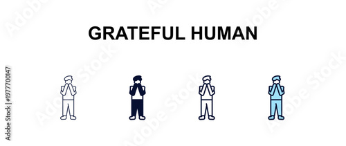 grateful human multi-style outline icon set - feelings concept. Thin line, regular, filled, colored grateful human icon